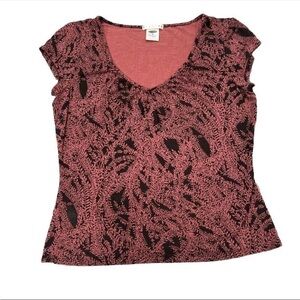 Y2K Old Navy Pink Black Leaf Print Short Sleeve Top Boho Hippie V Neck Stretch